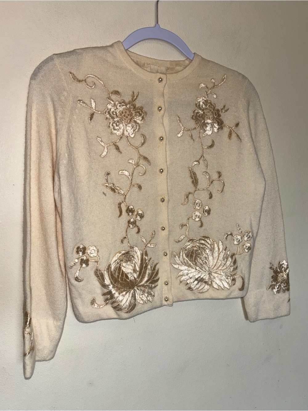 Vtg 50s Helen Bond Carruthers Cashmere Embroidered Floral Cardigan Sweater Sz S - Picture 2 of 14